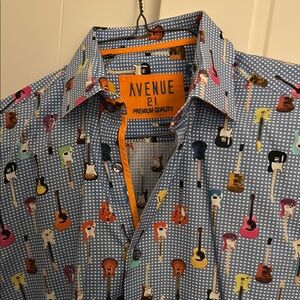 Vibrant Blue Casual Button Down Shirt with Musical Flair